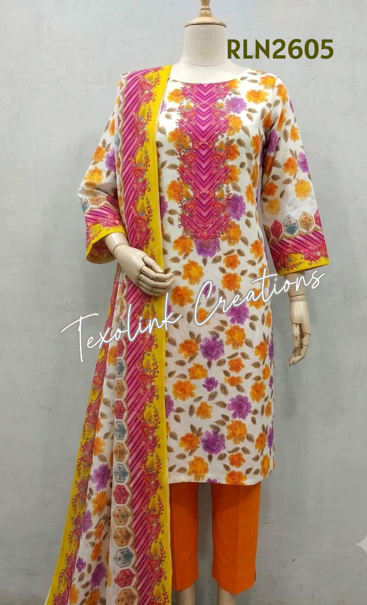 নারীদের প্রিন্টেড সুতি (পিকে-লন) ৩-পিস আনস্টিচড স্যুট RLN2605